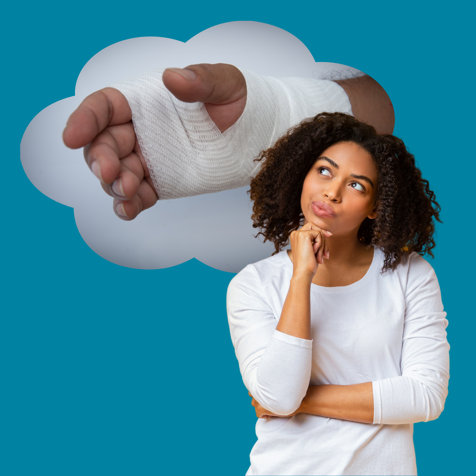 Vrouw die nadenkt over een AOV met een plaatje met hand in het verband. Onderling Verzekerd Vrouw die nadenkt over een AOV met een plaatje met hand in het verband. Onderling Verzekerd