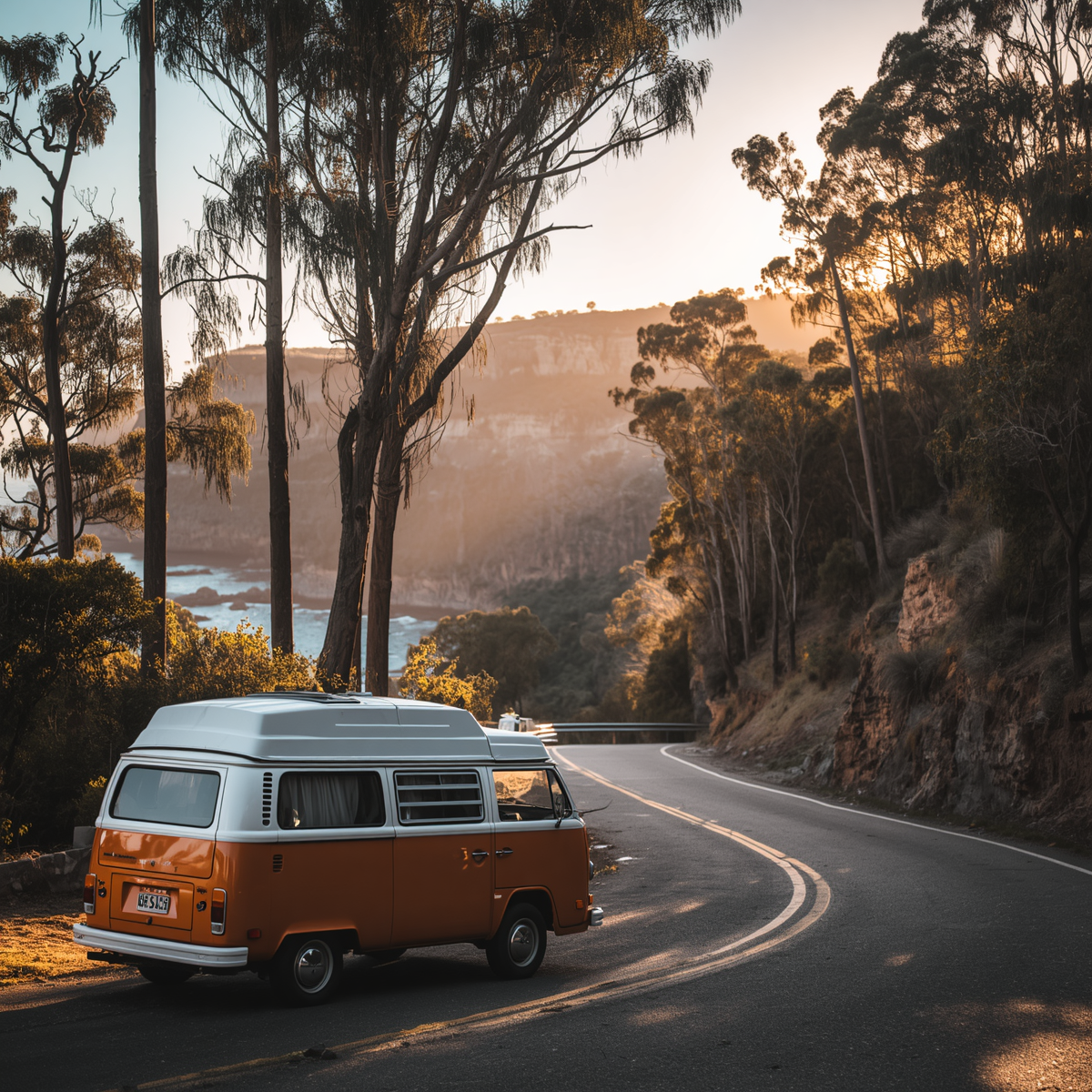 Foto-van-een-rondreis-door-Australie-met-een-kamper-kampeerauto-op-een-Australische-weg-iconisch-Australisch-landschap-roadtrip-sfeer. Onderling Verzekerd