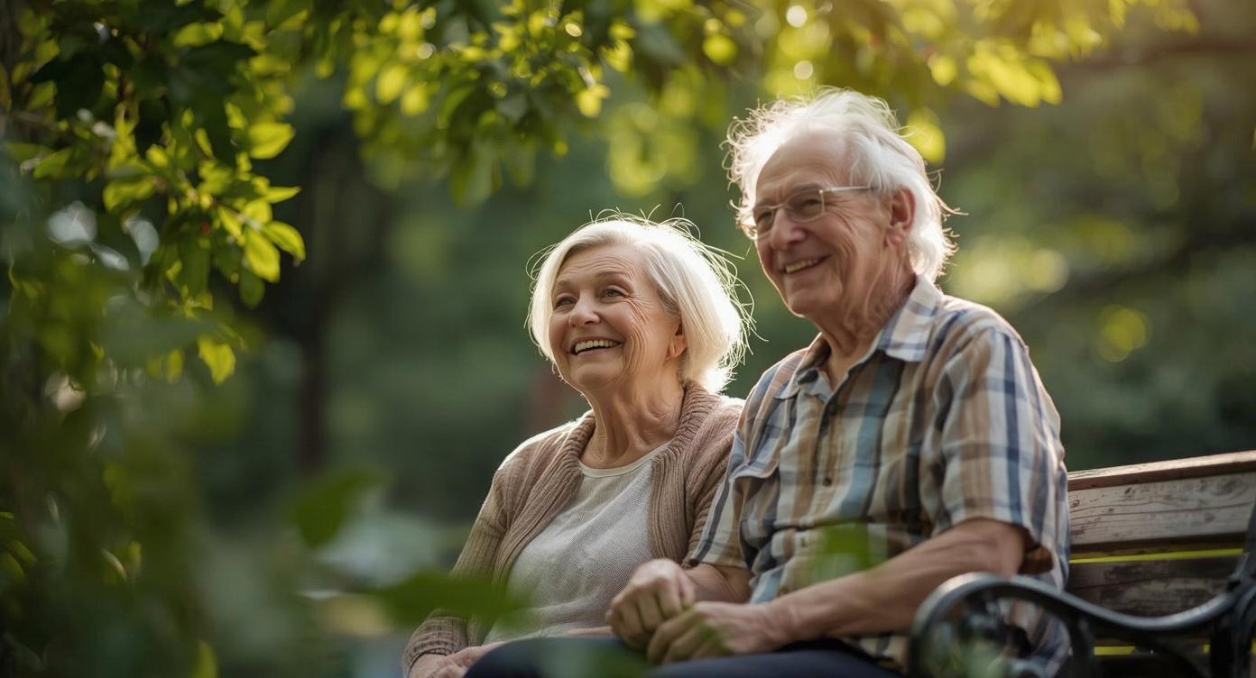 Pensionado's blij zittend op een bankje in het bos.