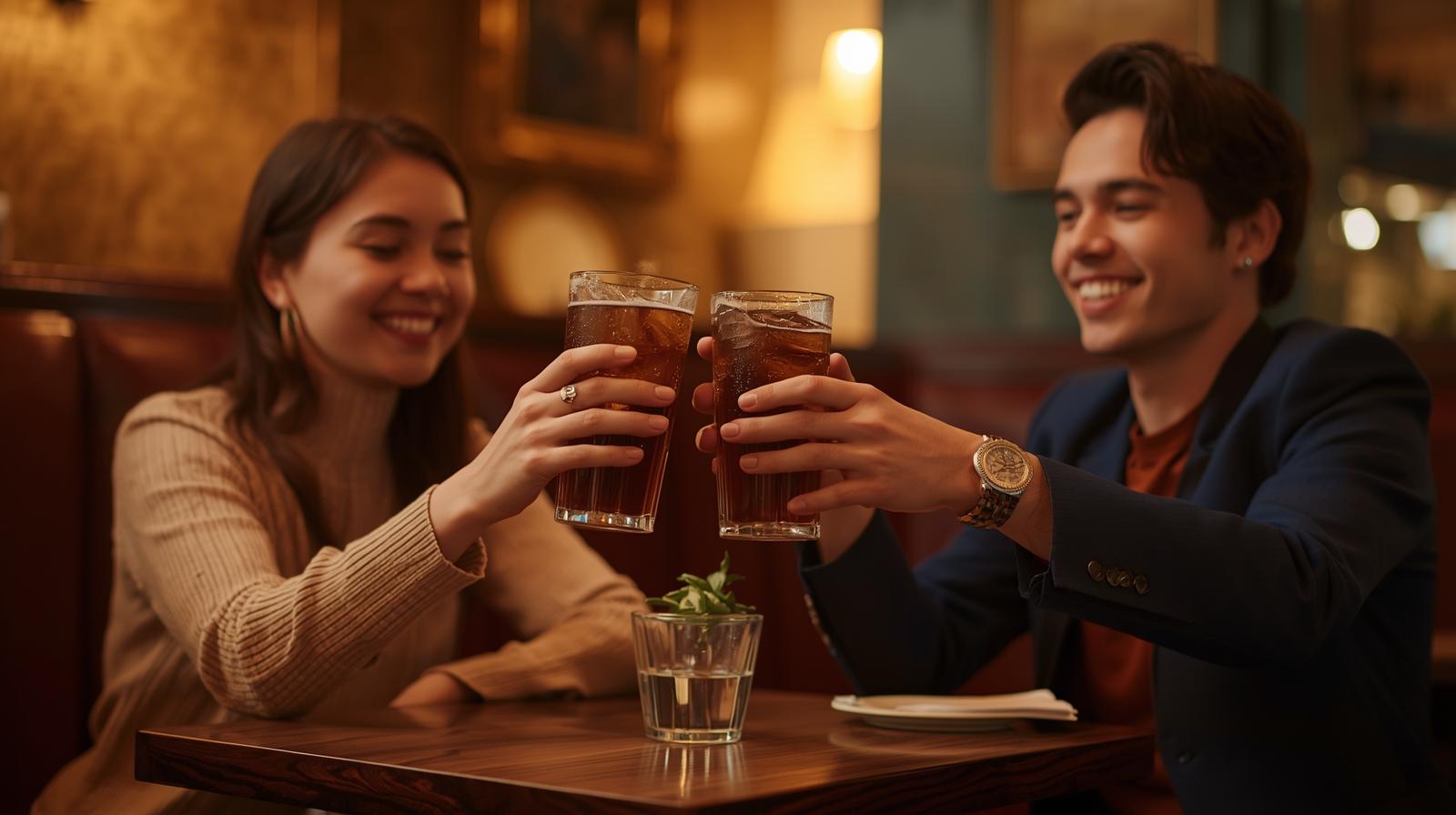 Jong stel zit te proosten in een restaurant. Onderling Verzekerd. Jong stel zit te proosten in een restaurant. Onderling Verzekerd.