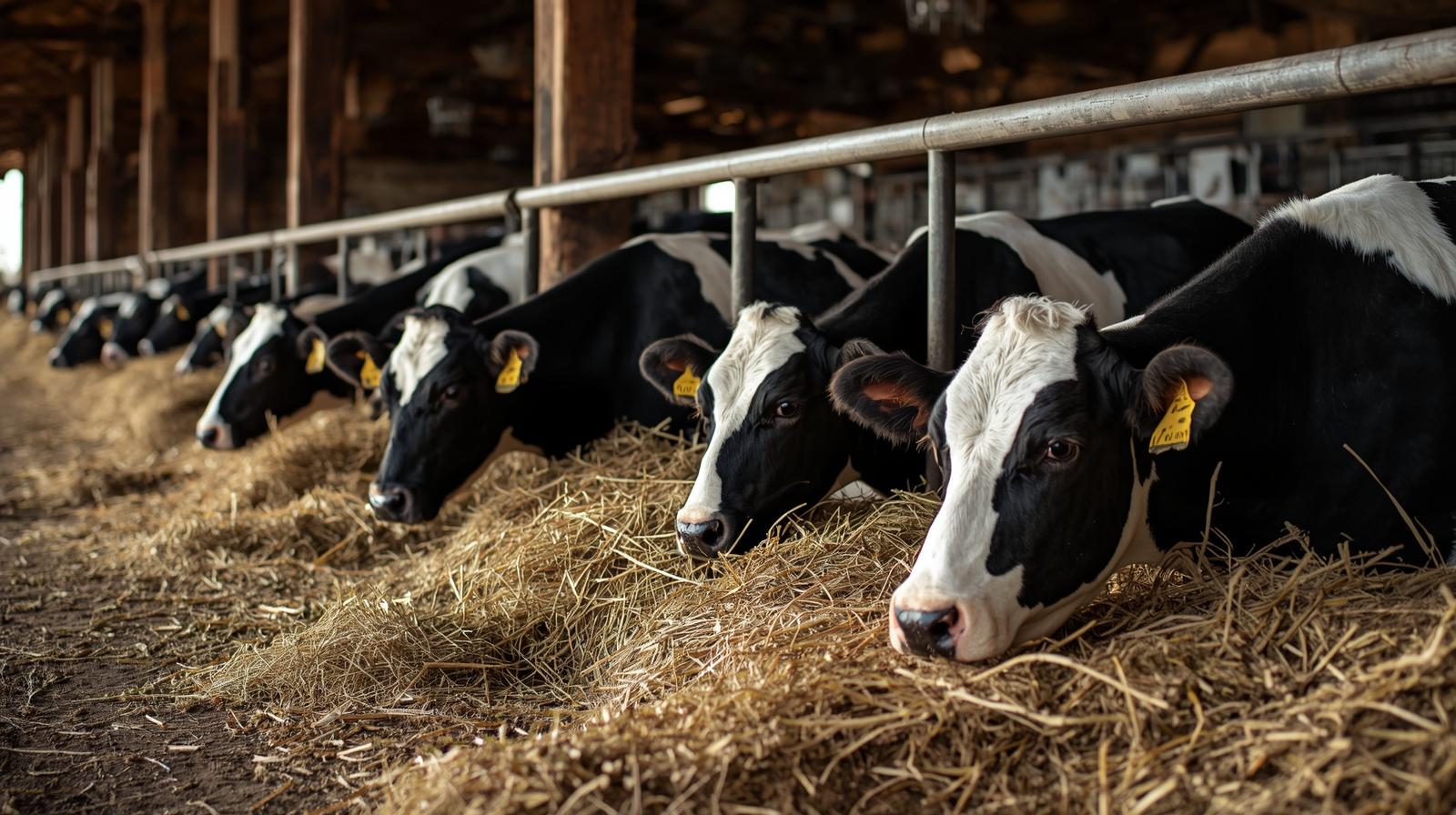 Koeien grazen hooi in stal. Onderling Verzekerd