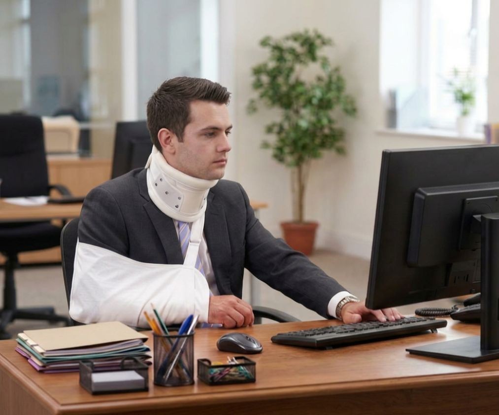 Man met nekkraag en arm in het gips zit achter bureau te werken. Onderling Verzekerd Man met nekkraag en arm in het gips zit achter bureau te werken. Onderling Verzekerd