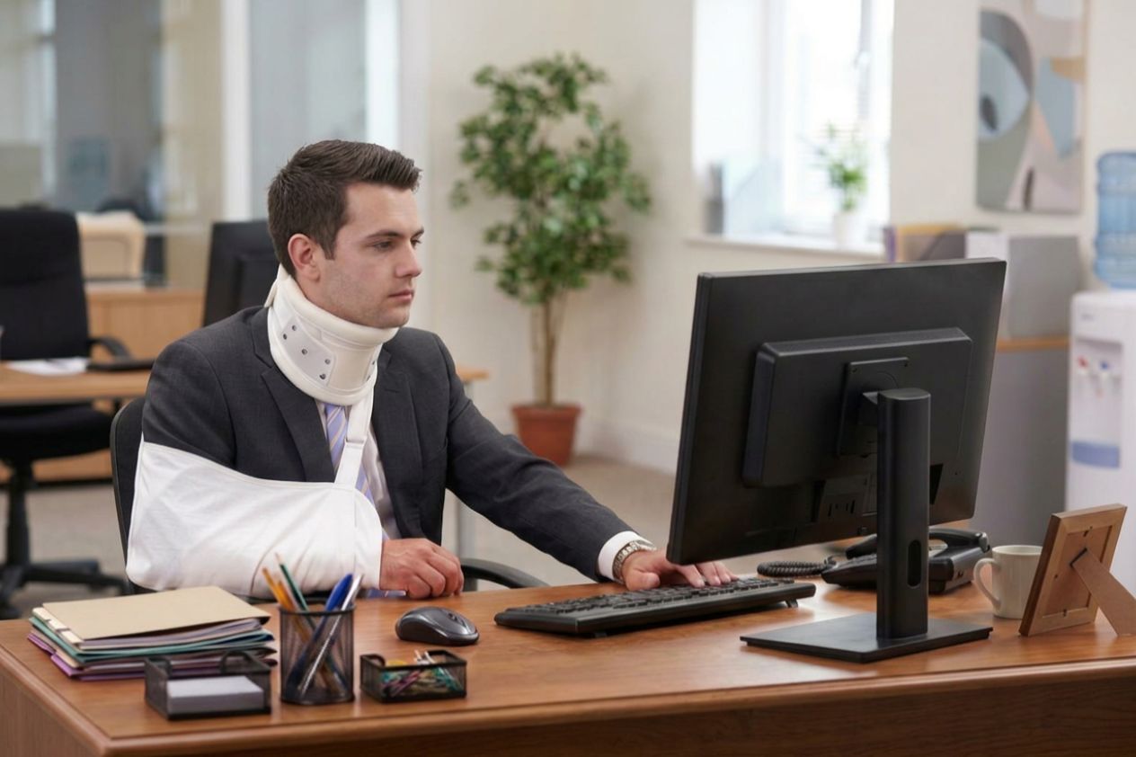 Man met nekkraag en arm in het gips zit achter bureau te werken. Onderling Verzekerd