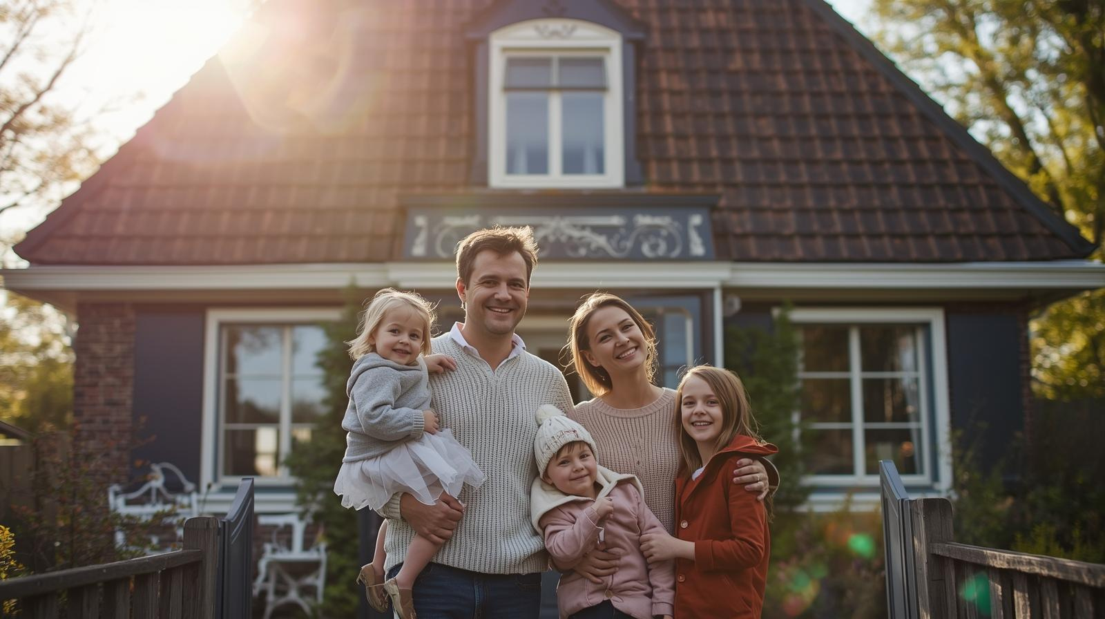 Blij gezin staat voor een een huis. Onderling Verzekerd Blij gezin staat voor een een huis. Onderling Verzekerd